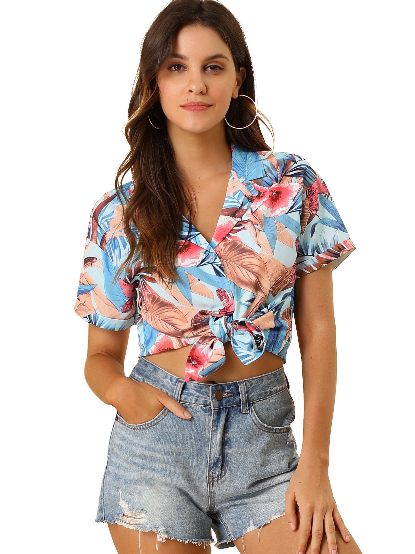 Women's Hawaiian Summer Floral Leaves Printed Short Sleeve Top Tropical Button Down Shirt (Available in Plus Size)
