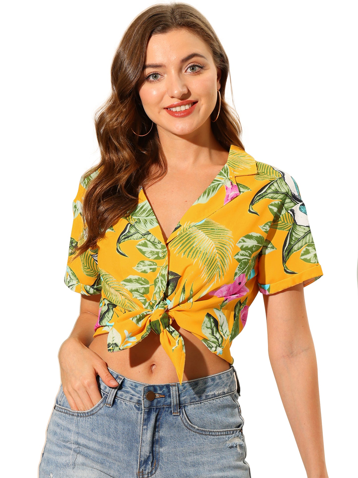 Women's Hawaiian Summer Floral Leaves Printed Short Sleeve Top Tropical Button Down Shirt (Available in Plus Size)