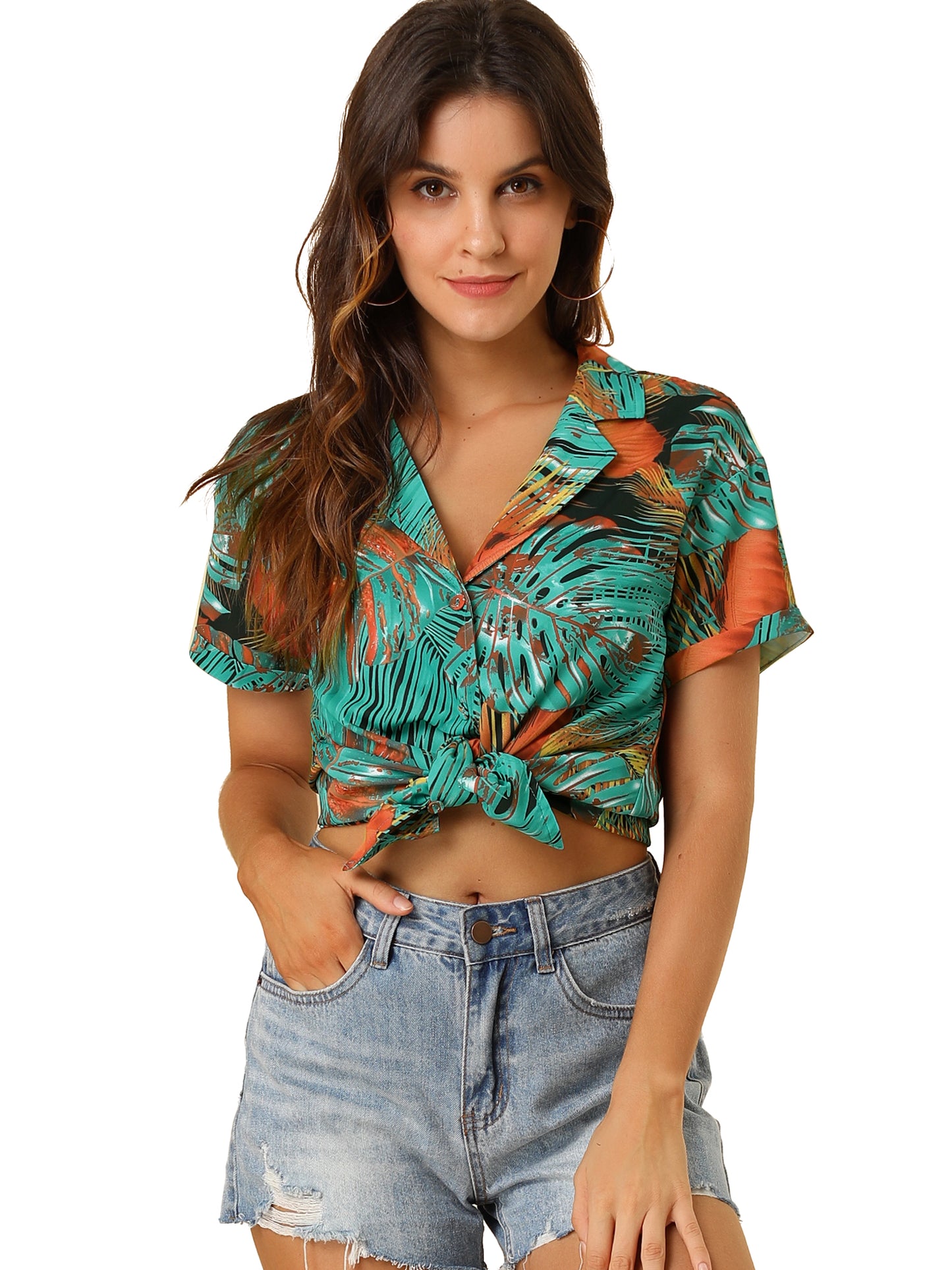 Women's Hawaiian Summer Floral Leaves Printed Short Sleeve Top Tropical Button Down Shirt (Available in Plus Size)