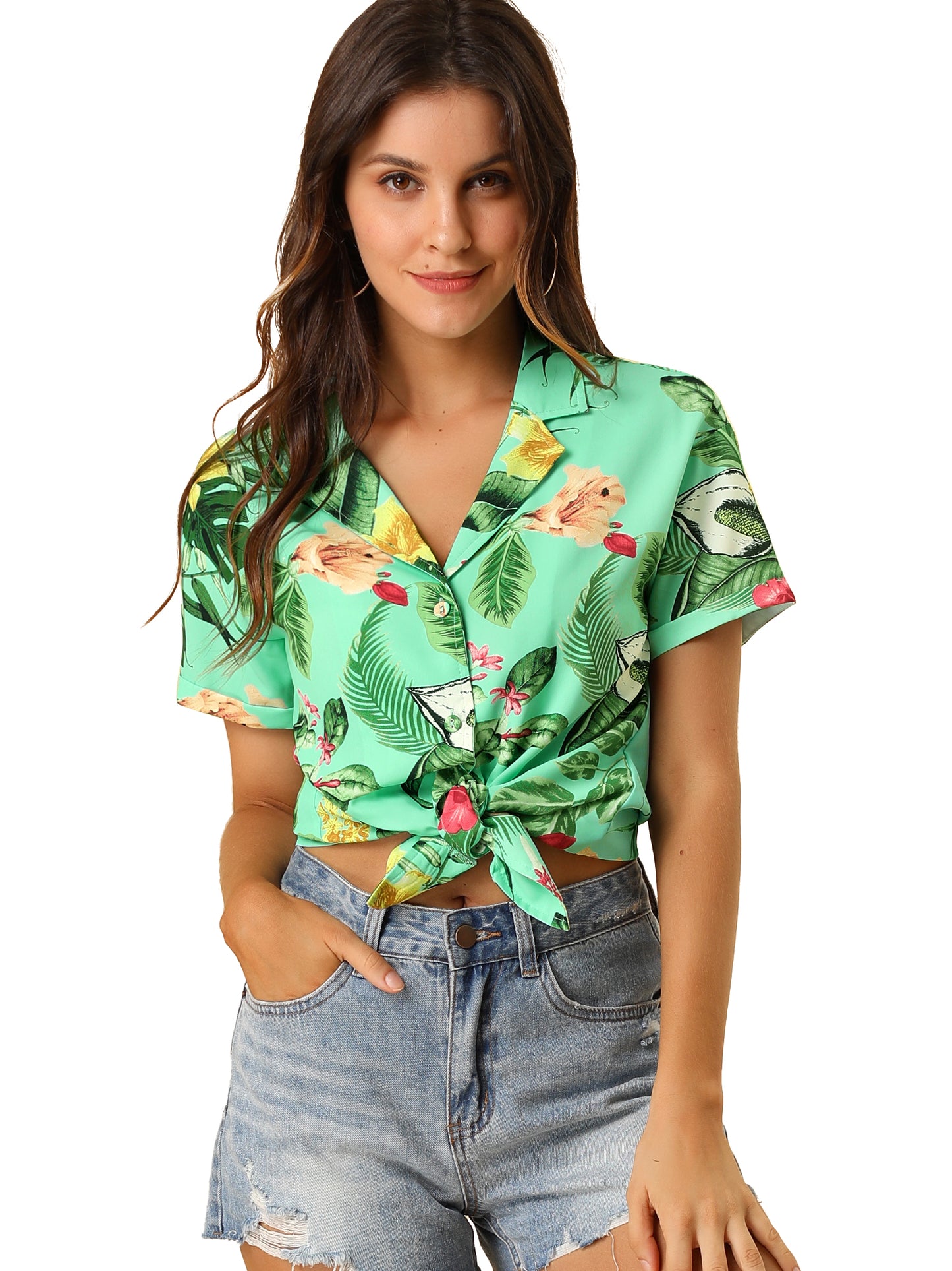 Women's Hawaiian Summer Floral Leaves Printed Short Sleeve Top Tropical Button Down Shirt (Available in Plus Size)