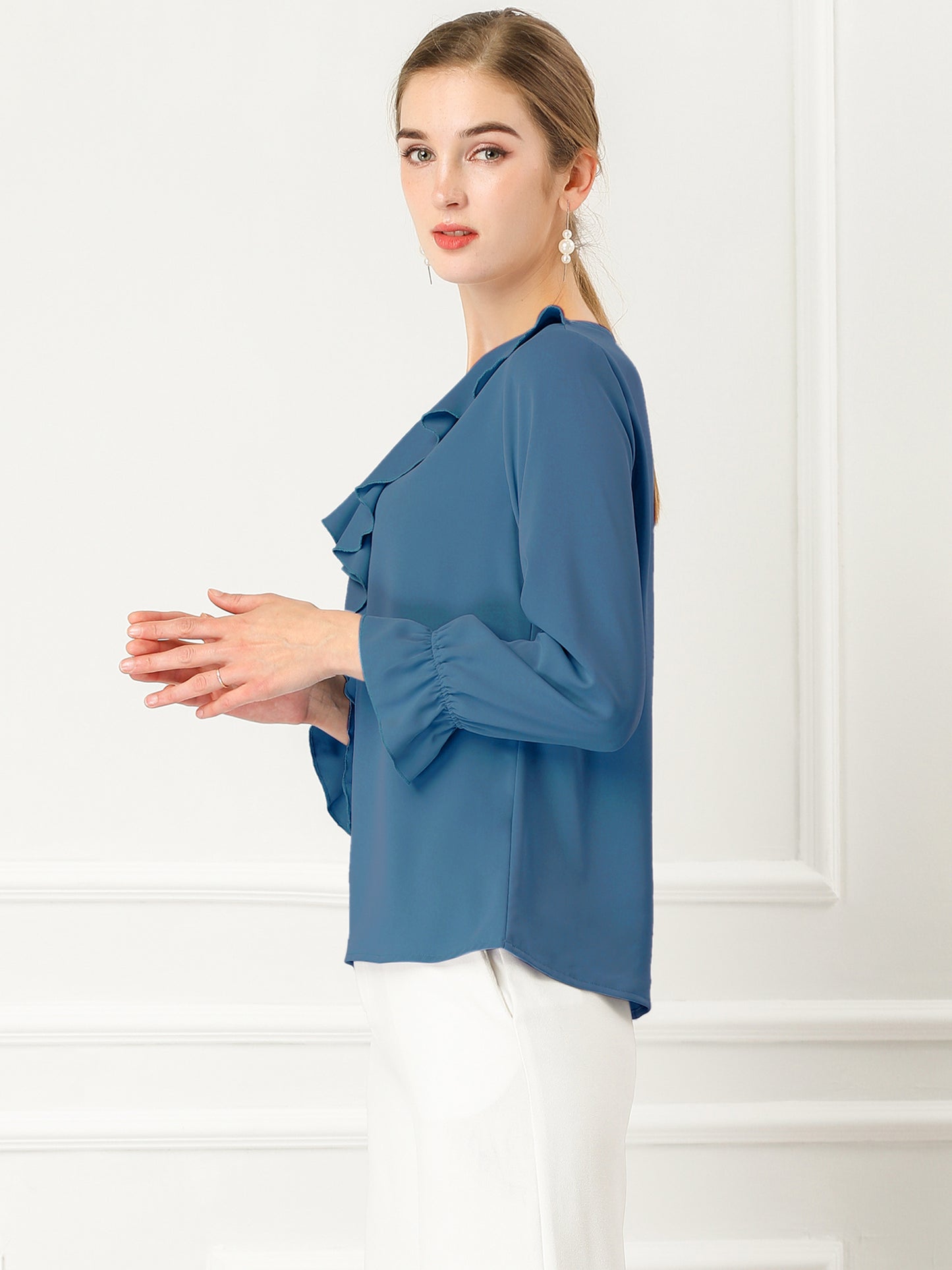 Women's Ruffle Blouse Elegant V Neck Long Sleeve Casual Dressy Top (Available in Plus Size)