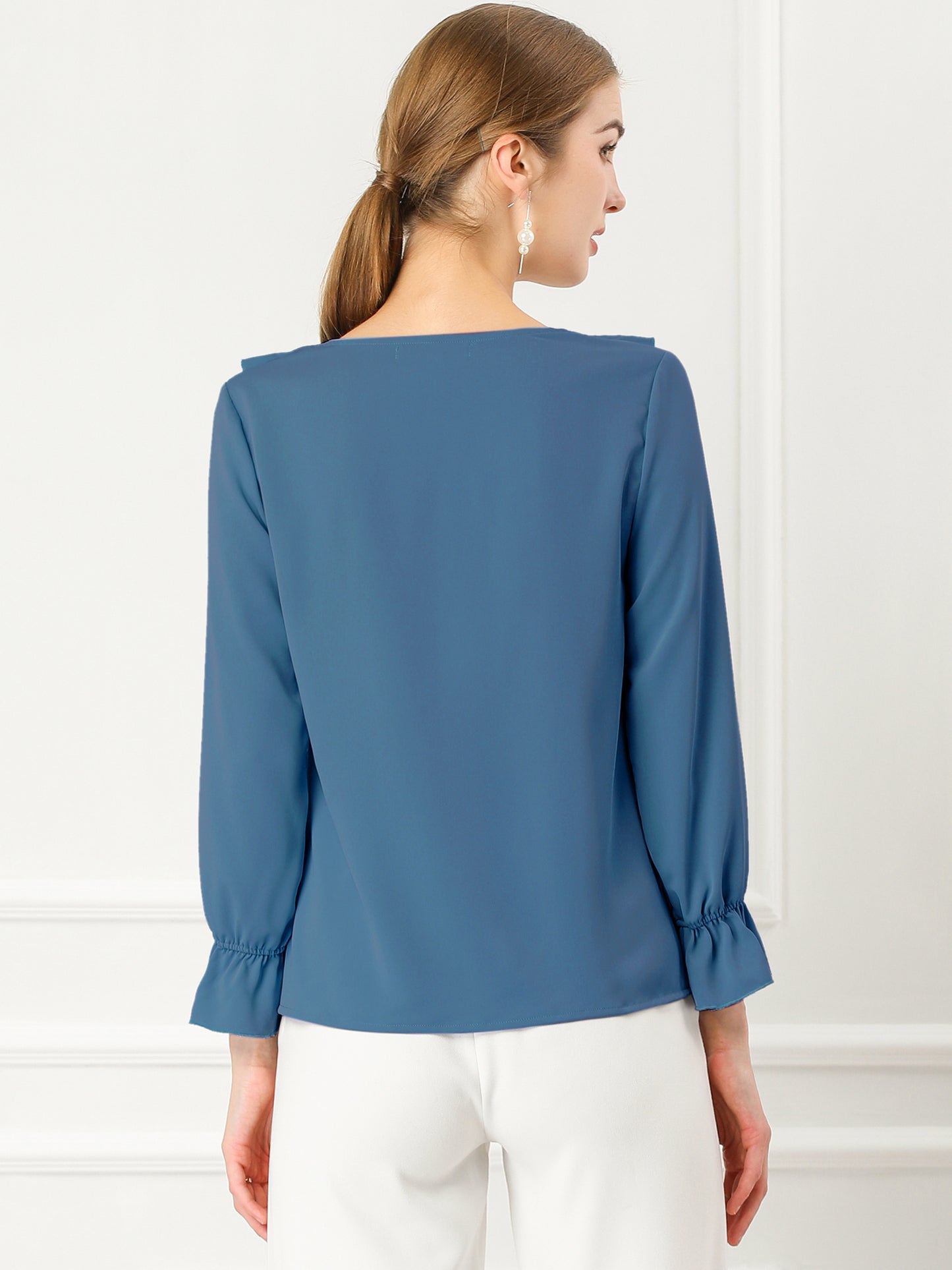 Blusa elegante con volantes para mujer, cuello en V, manga larga, informal y elegante (disponible en tallas grandes)