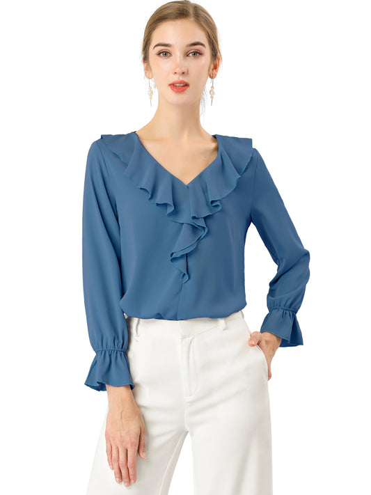 Women's Ruffle Blouse Elegant V Neck Long Sleeve Casual Dressy Top (Available in Plus Size)