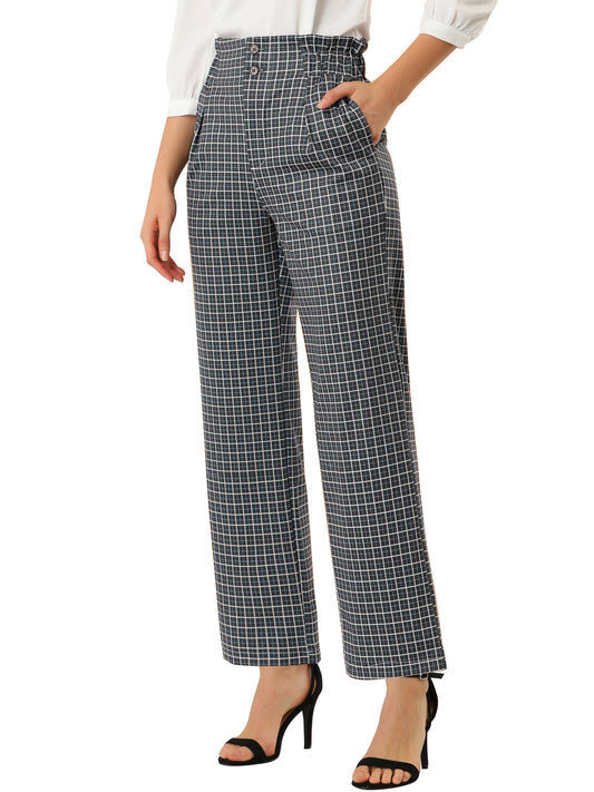 Women's High Waist Casual Plaid Tartan Straight Leg Long Pants