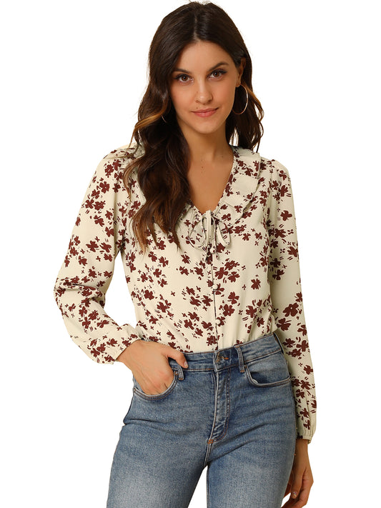 Women's Floral Tie V Neck Ruffle Blouse Top