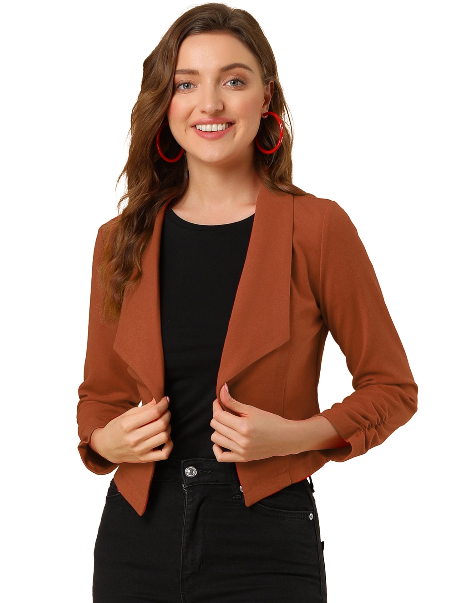 Women's Notched Lapel Ruched Sleeve Business Cropped Blazer (Available in Plus Size)