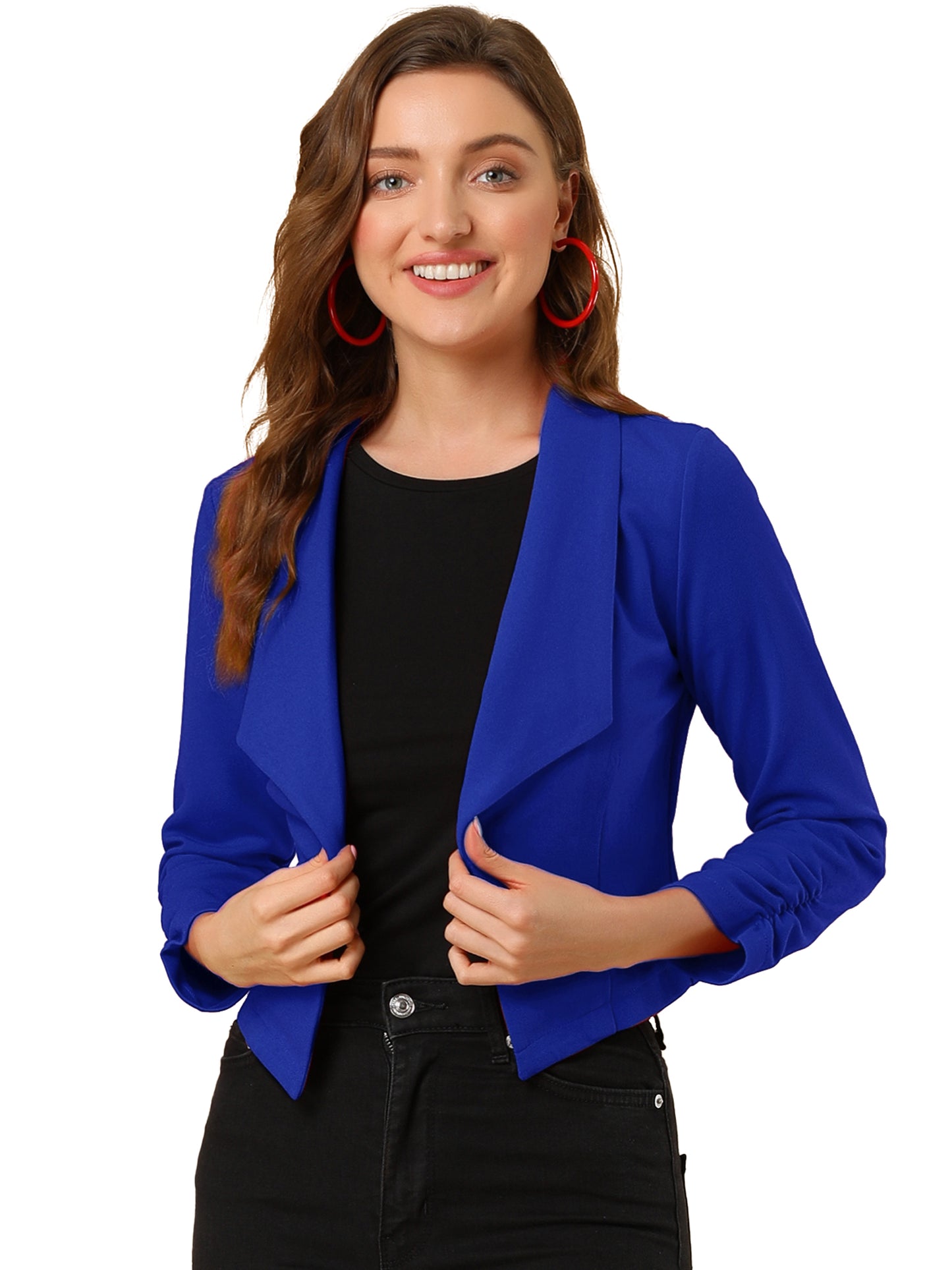 Women's Notched Lapel Ruched Sleeve Business Cropped Blazer (Available in Plus Size)