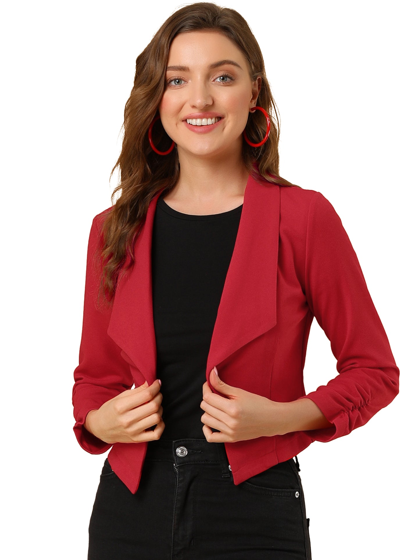 Women's Notched Lapel Ruched Sleeve Business Cropped Blazer (Available in Plus Size)