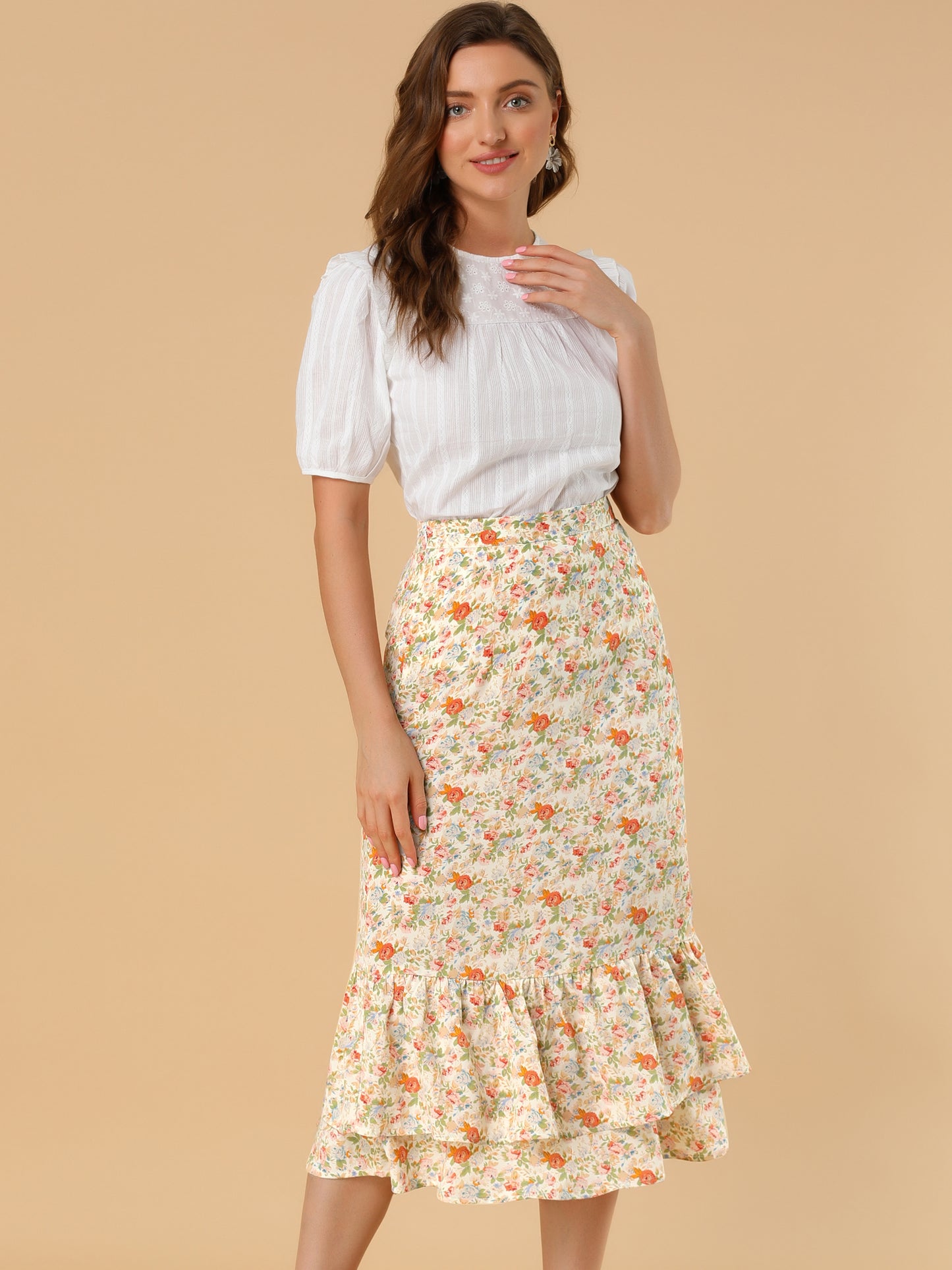 Falda midi holgada de gasa con volantes y estampado de verano para mujer