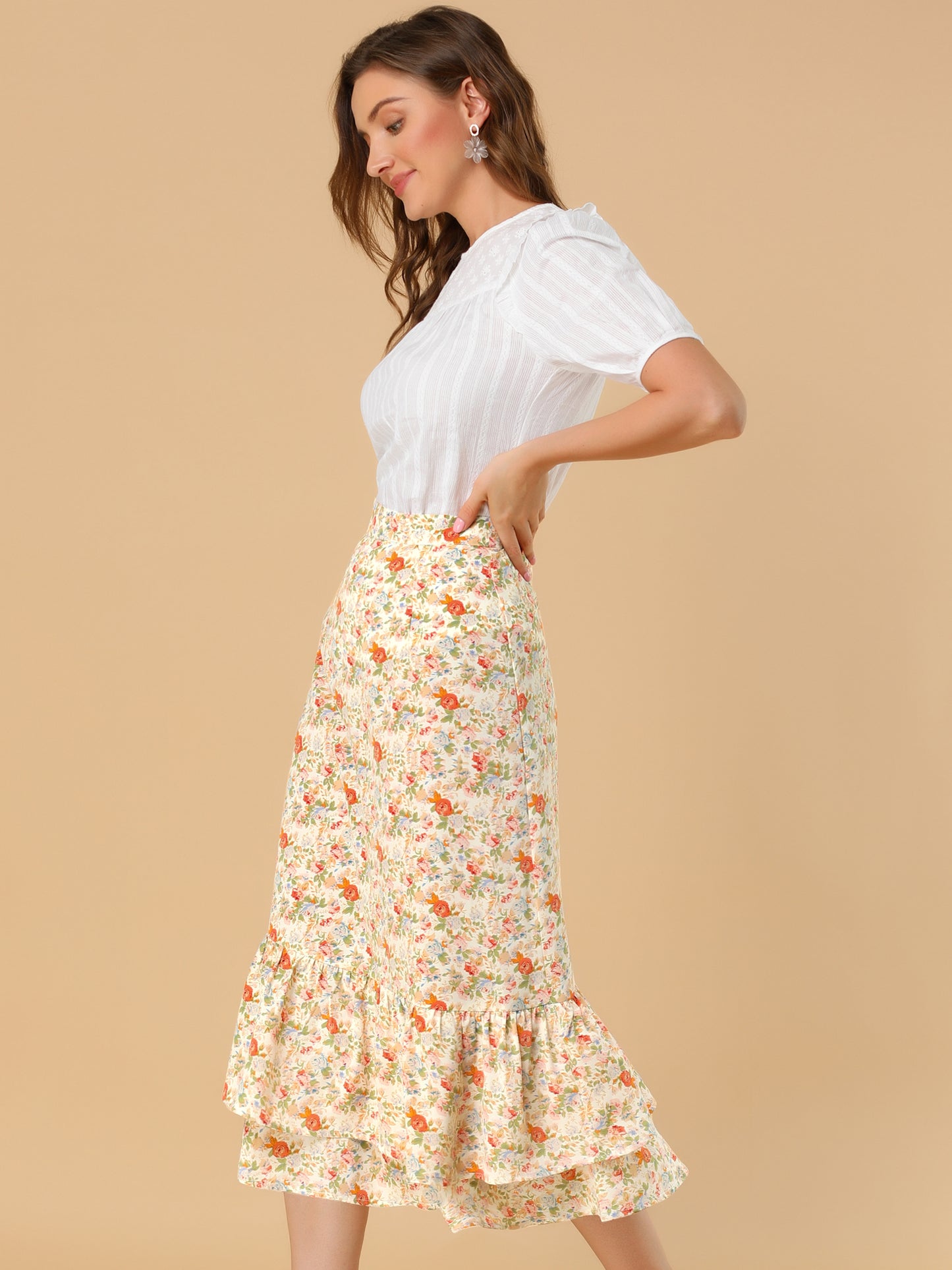 Falda midi holgada de gasa con volantes y estampado de verano para mujer