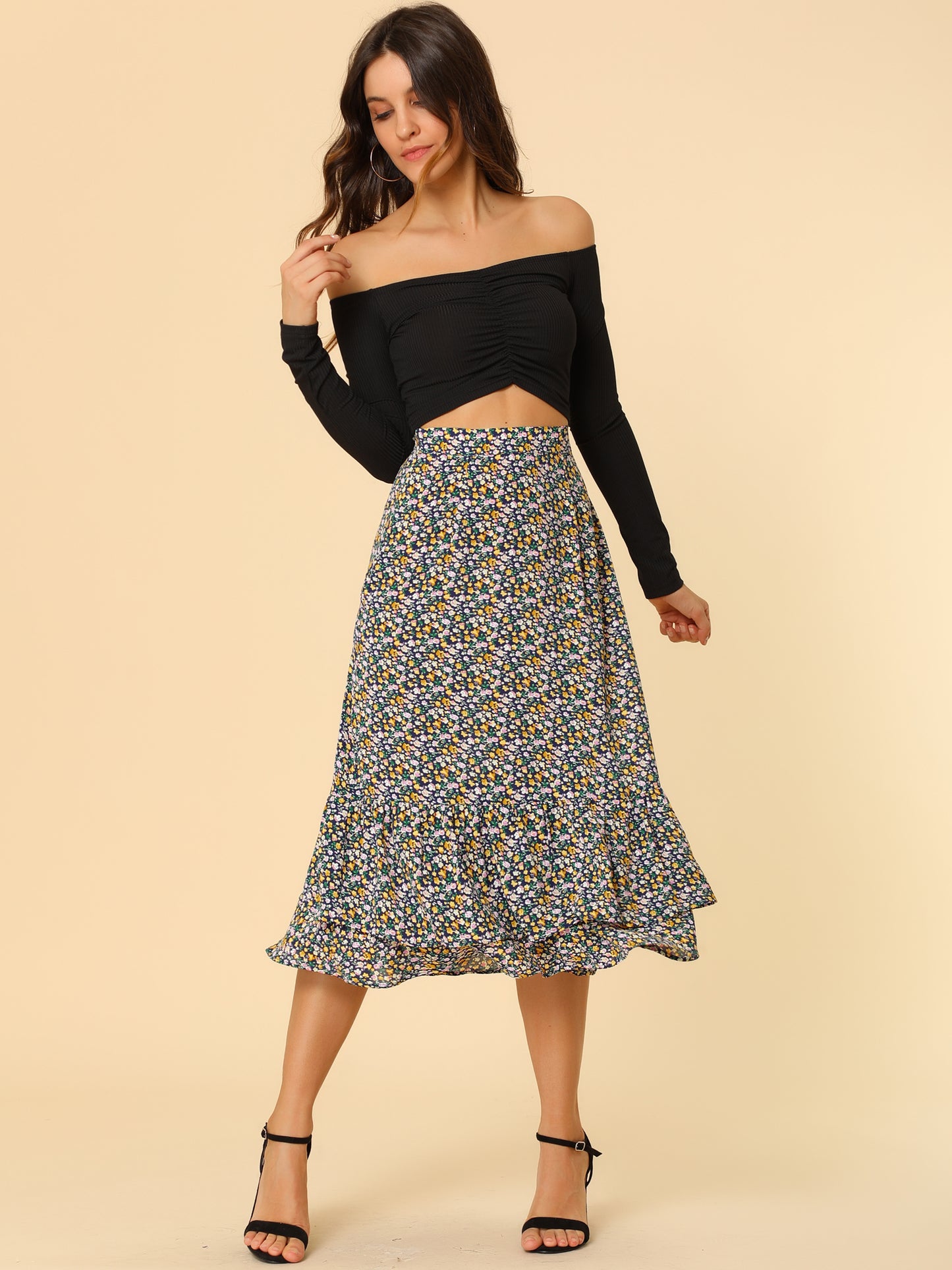 Women's Printed Skirt Summer Chiffon Ruffle Tiered Flowy Midi Skirt