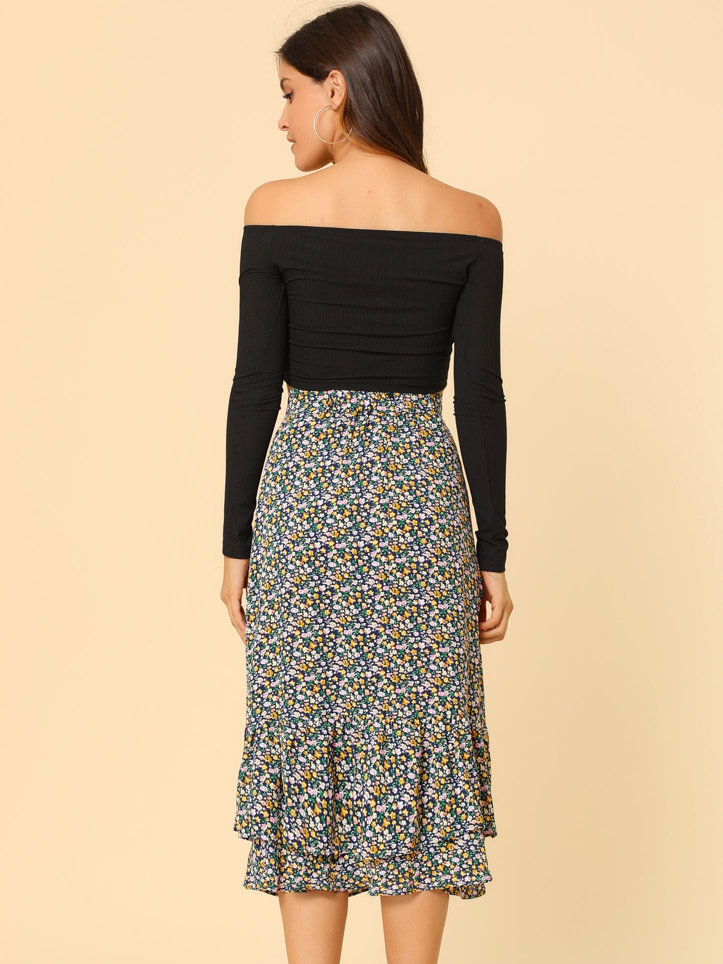 Women's Printed Skirt Summer Chiffon Ruffle Tiered Flowy Midi Skirt