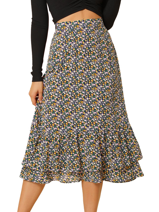Women's Printed Skirt Summer Chiffon Ruffle Tiered Flowy Midi Skirt