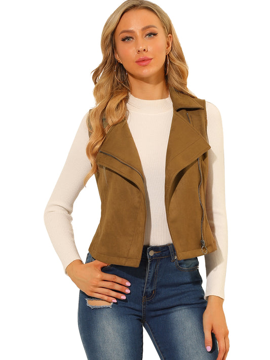 Women's Faux Suede Vest Casual Sleeveless Biker Jacket