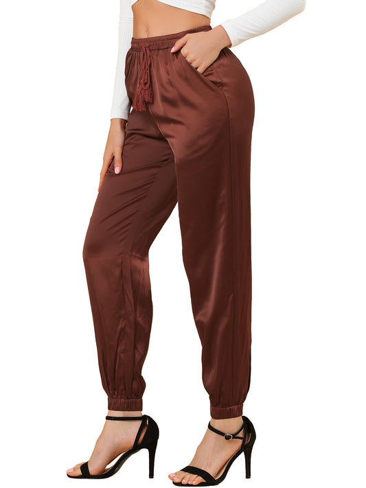 Women's Drawstring Elastic Waist Athleisure Pants Casual Ankle Length Satin Joggers with Pocket