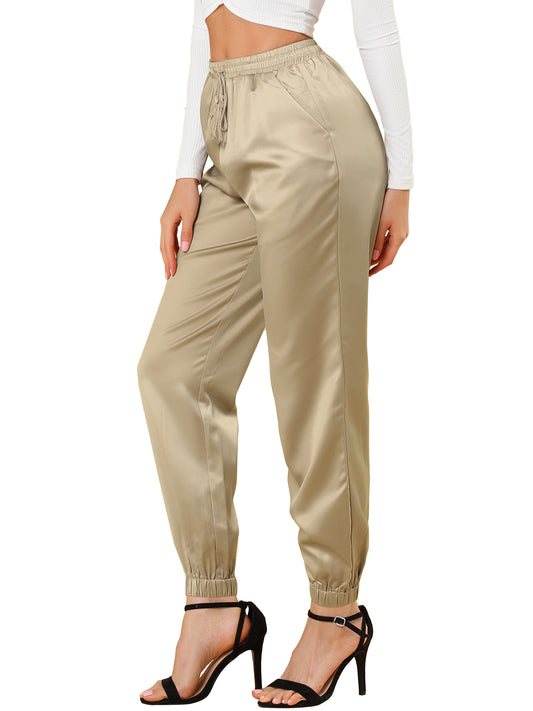 Women's Drawstring Elastic Waist Athleisure Pants Casual Ankle Length Satin Joggers with Pocket