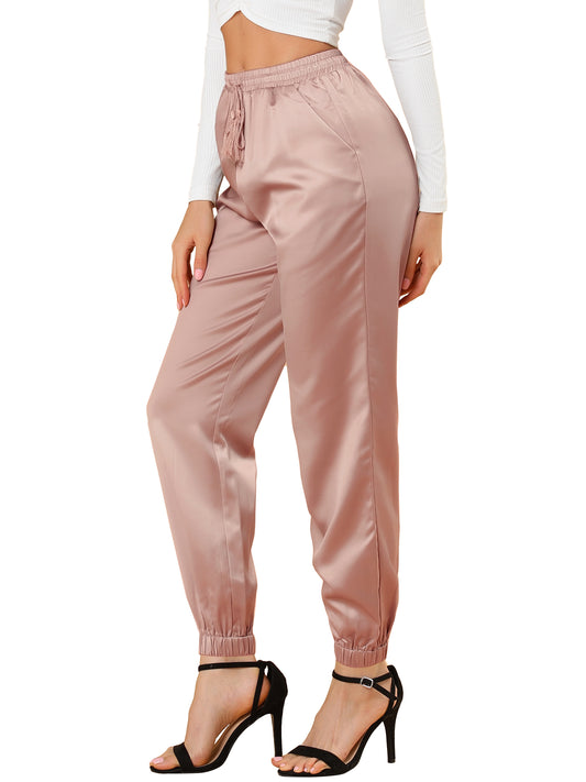 Women's Drawstring Elastic Waist Athleisure Pants Casual Ankle Length Satin Joggers with Pocket