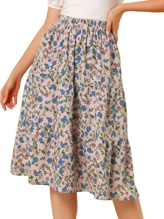Falda escalonada con dobladillo con volantes, cintura elástica y estampado floral para mujer