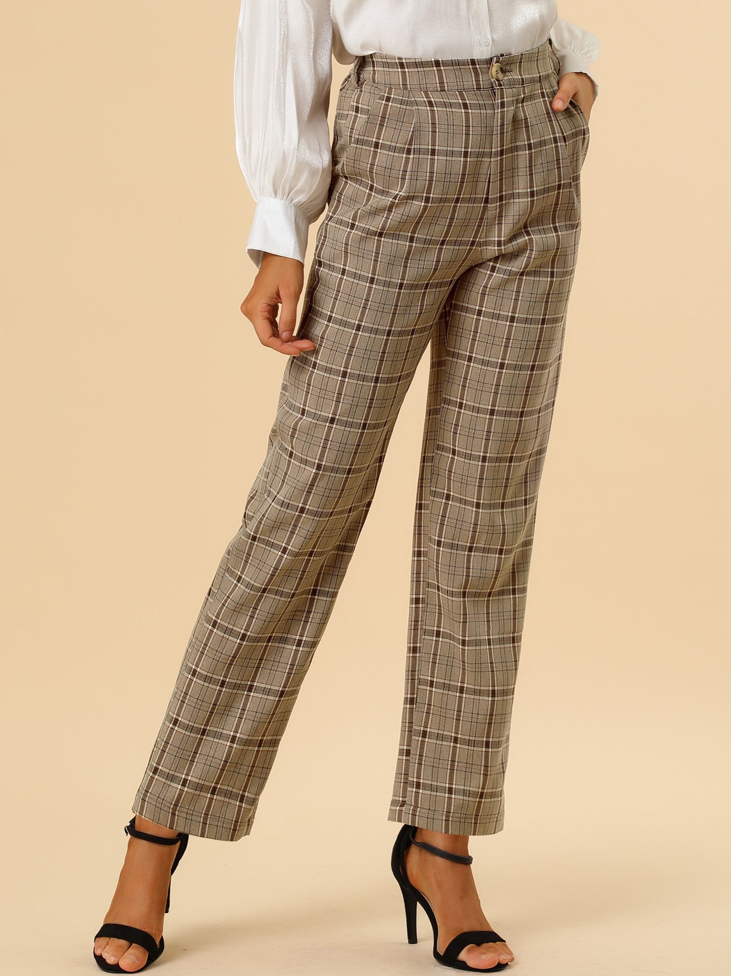 Pantalones a cuadros para mujer, cintura elástica, informales, para trabajo y oficina