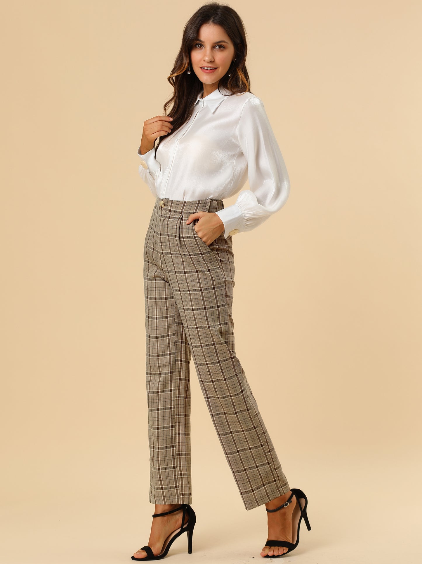Pantalones a cuadros para mujer, cintura elástica, informales, para trabajo y oficina