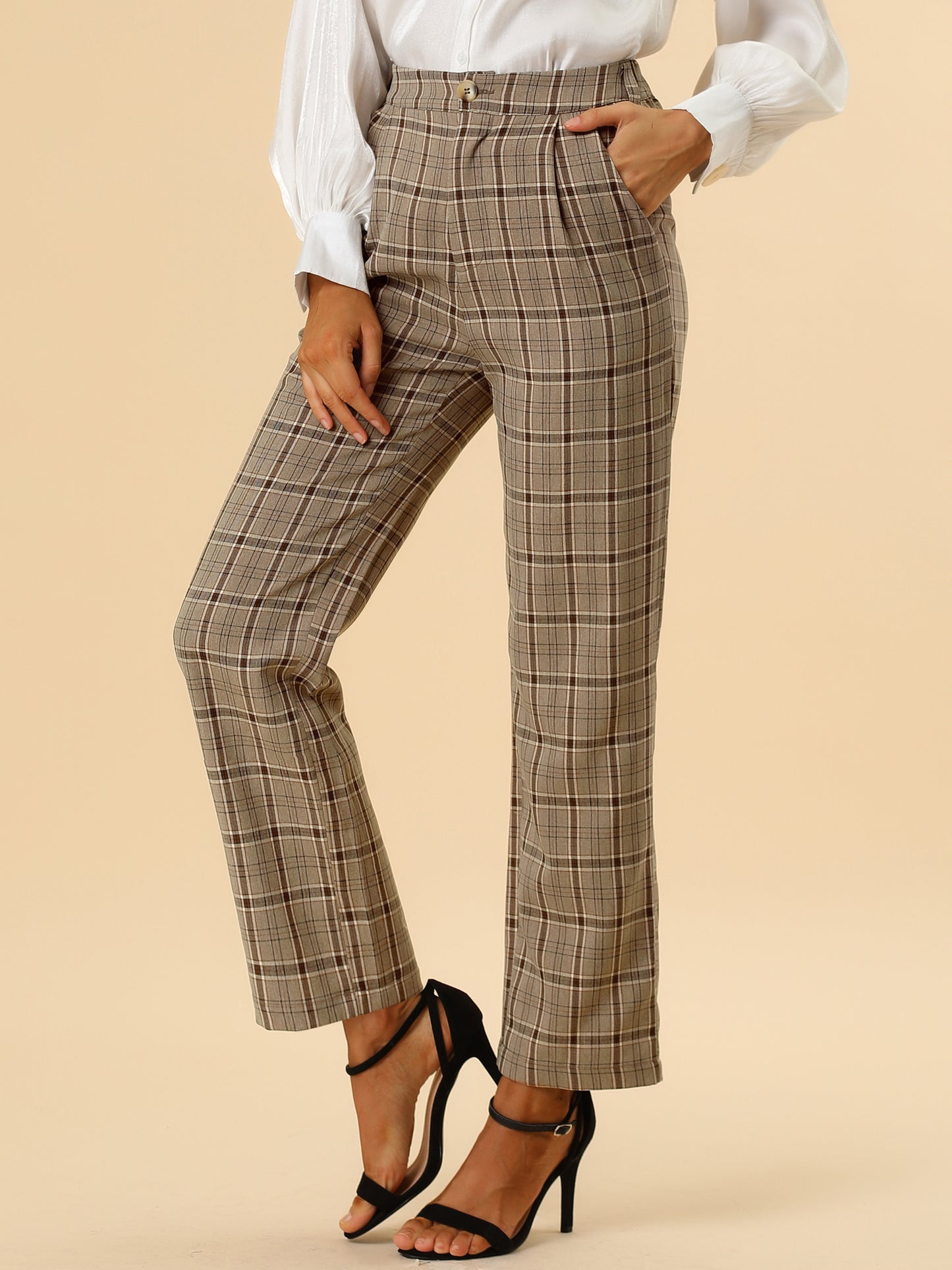 Pantalones a cuadros para mujer, cintura elástica, informales, para trabajo y oficina
