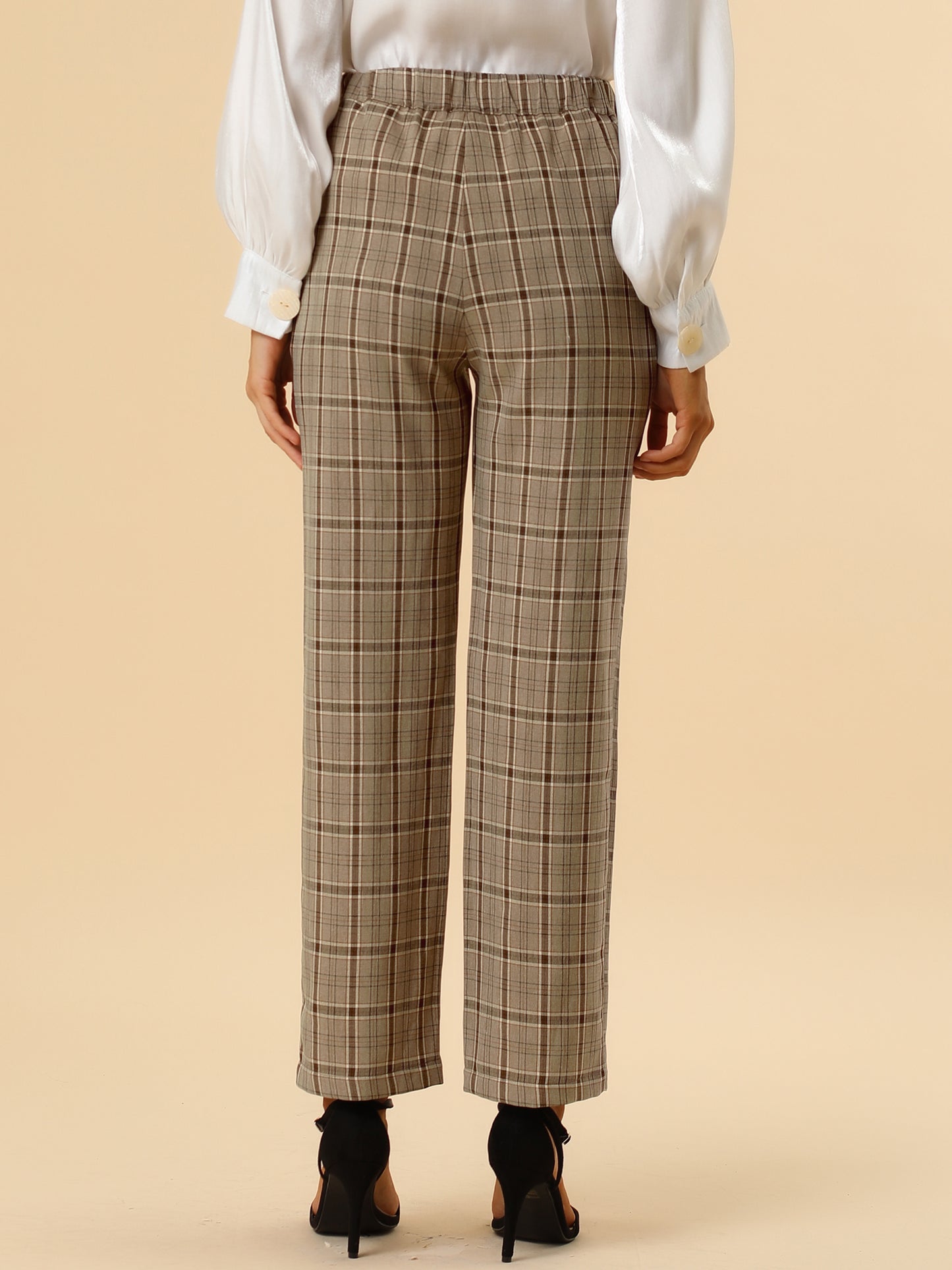 Pantalones a cuadros para mujer, cintura elástica, informales, para trabajo y oficina