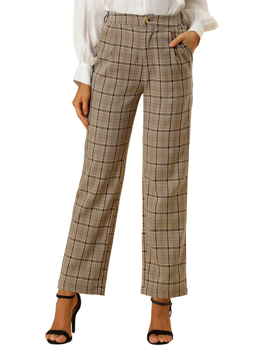 Women's Plaid Pants Elastic Waist Casual Work Office Long Trousers