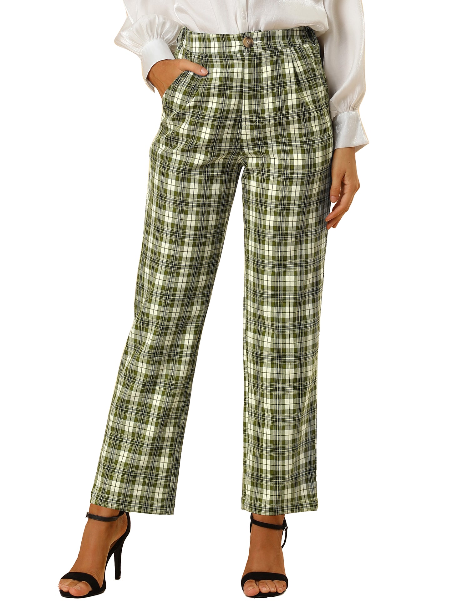Women's Plaid Pants Elastic Waist Casual Work Office Long Trousers (Available in Plus Size)
