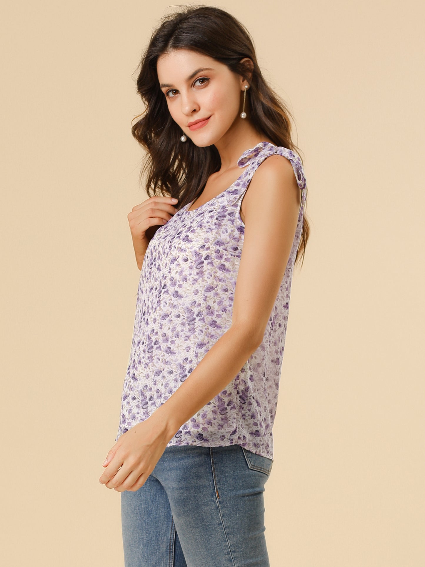 Women's Chiffon Floral Sleeveless Bow Tie Straps Boho Peasant Casual Vest Tank Top