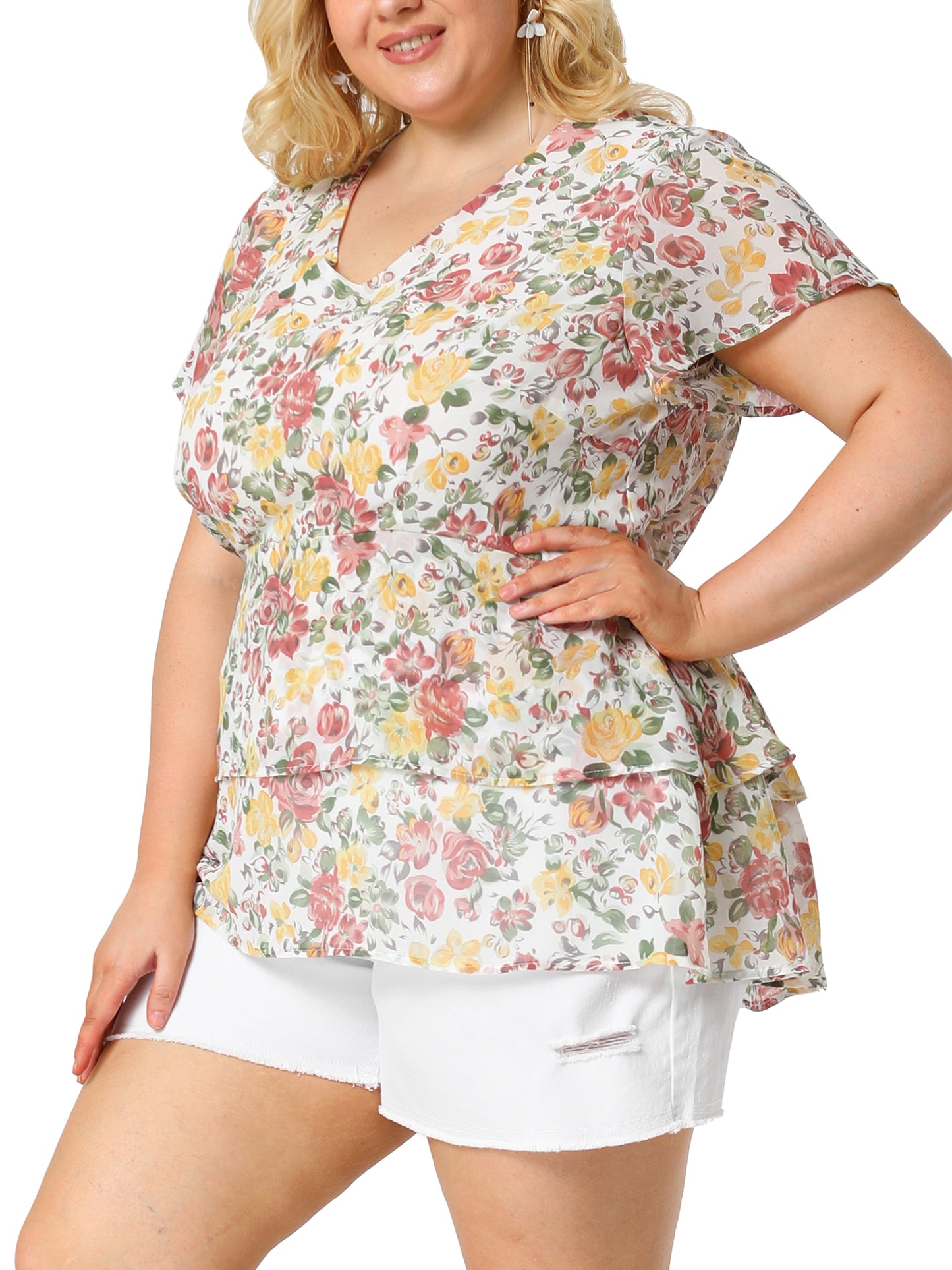 Women Plus Size Summe Tops V Neck Short Sleeve layered Floral Blouse