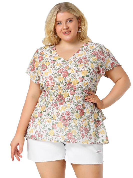 Women Plus Size Summe Tops V Neck Short Sleeve layered Floral Blouse