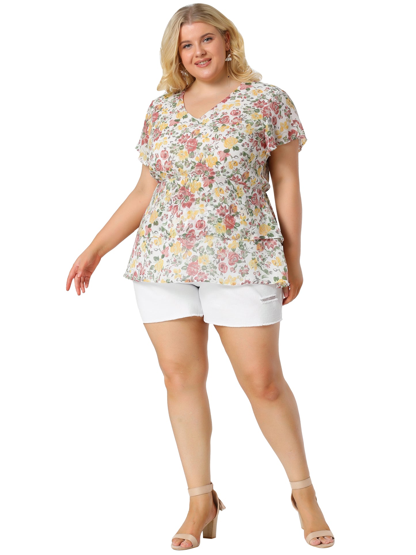 Women Plus Size Summe Tops V Neck Short Sleeve layered Floral Blouse