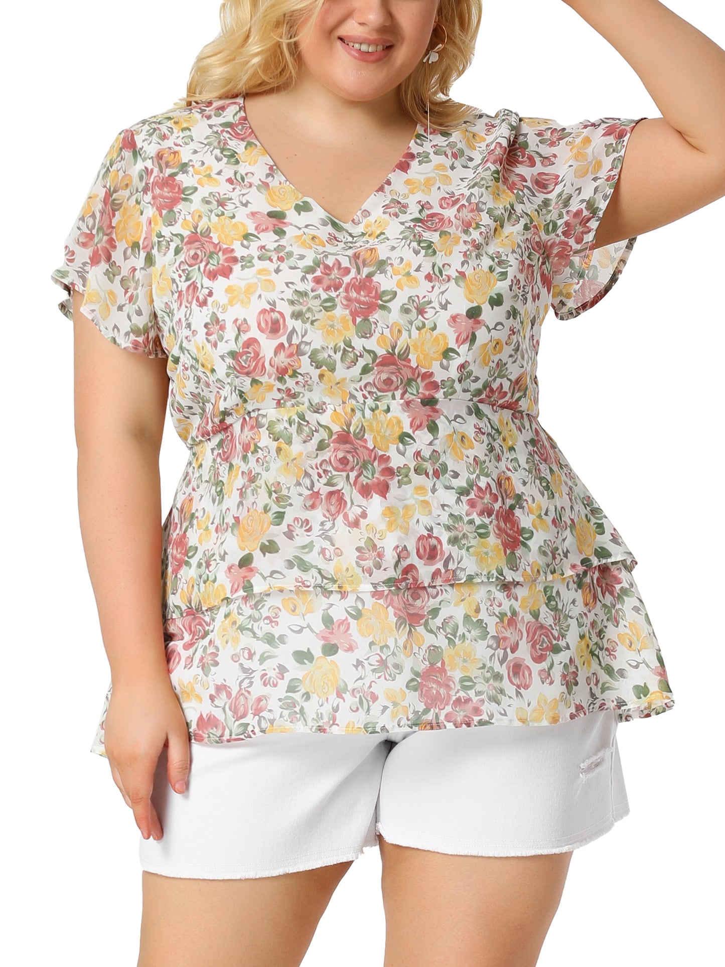 Women Plus Size Summe Tops V Neck Short Sleeve layered Floral Blouse