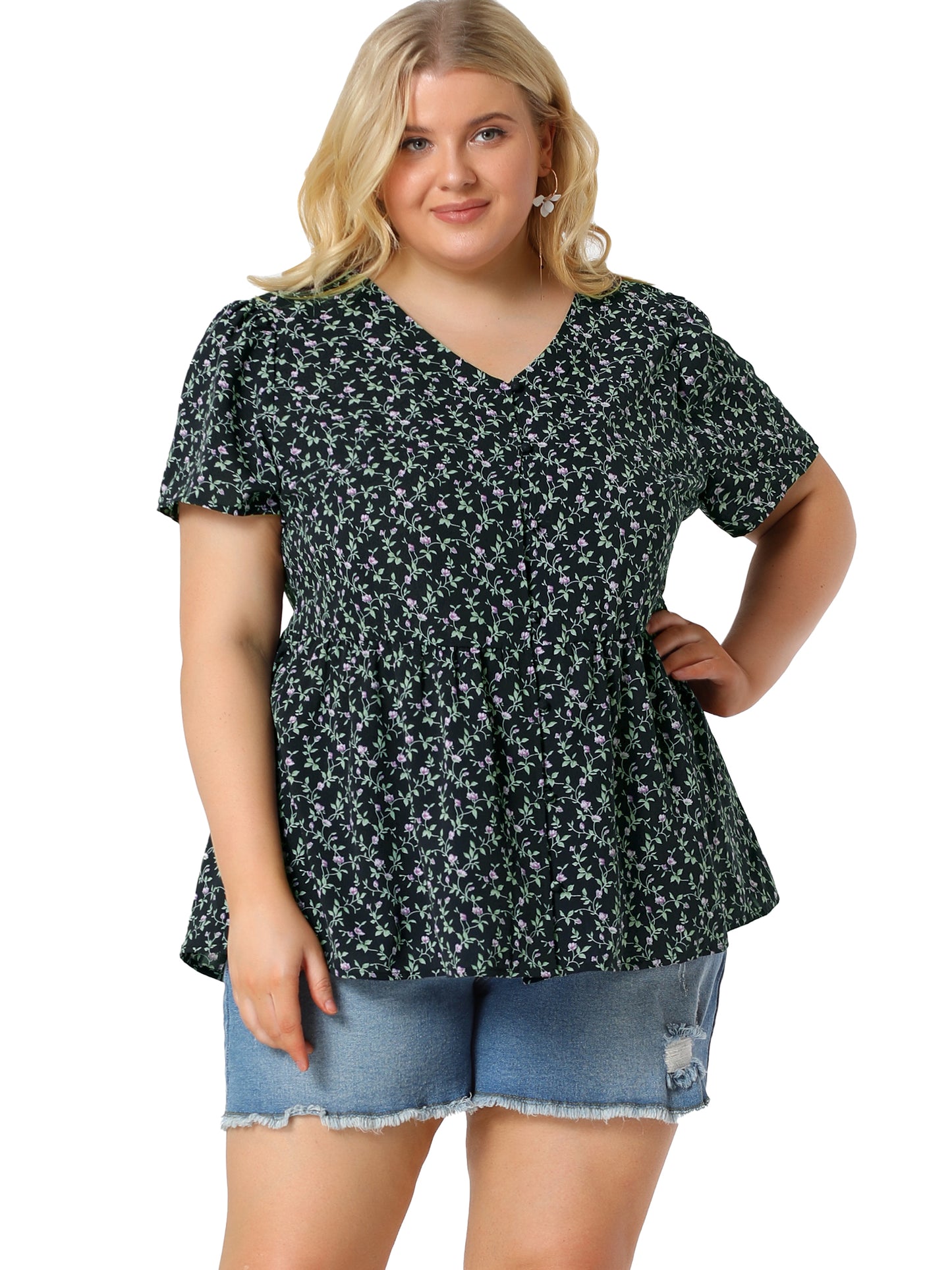 Women Plus Size Chiffon Shirt V Neck Ruffle Short Sleeve Floral Peplum Top