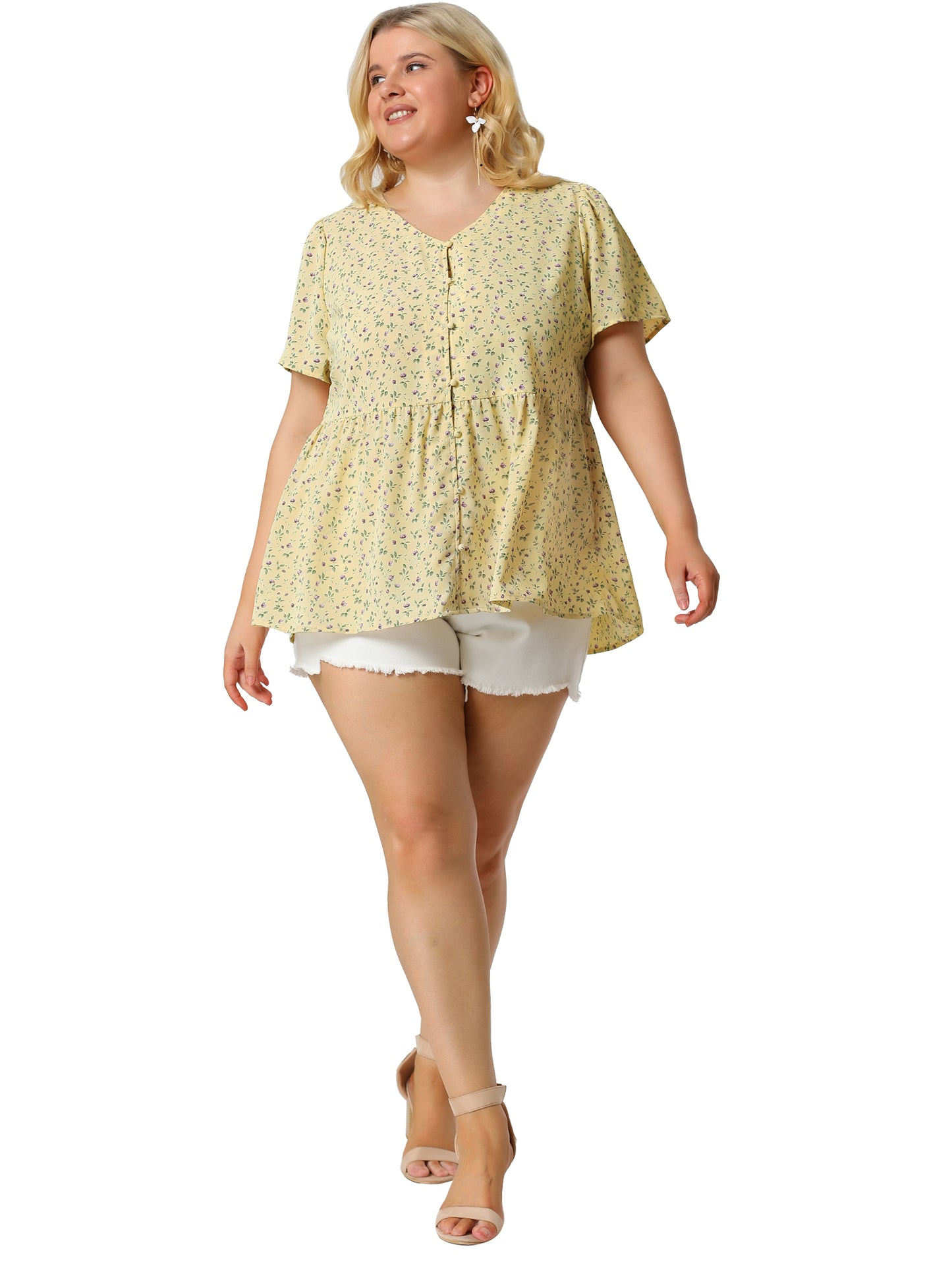 Women Plus Size Chiffon Shirt V Neck Ruffle Short Sleeve Floral Peplum Top