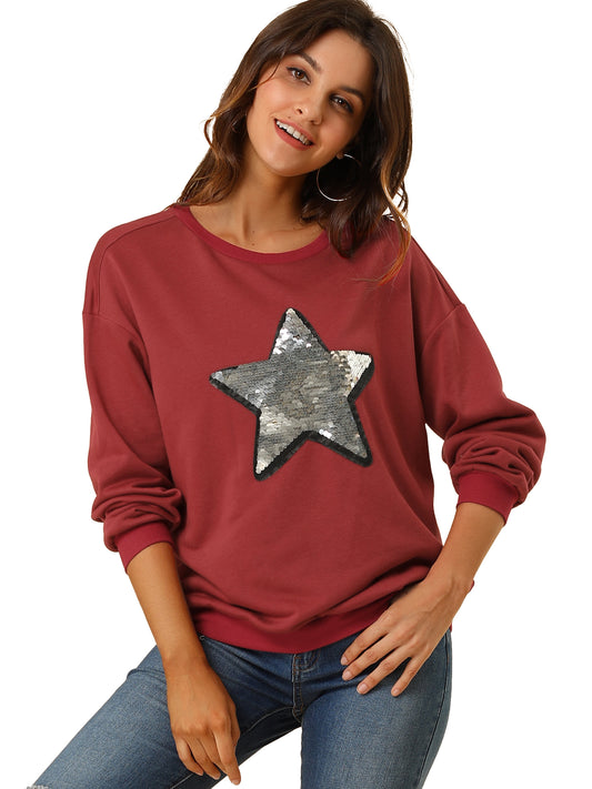 Women's Sequin Shiny Star Crew Neck Long Sleeve Sweatshirt Top