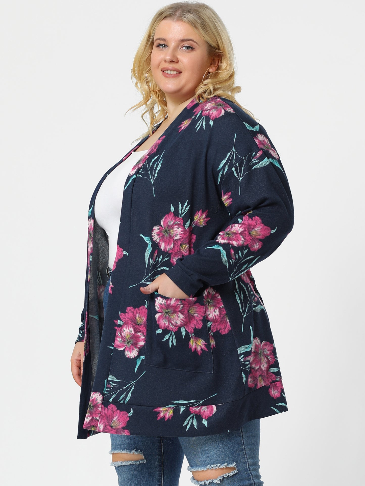 Women's Plus Size Lightweight Casual Long Sleeve Floral Knit Cardigans with Pockets
