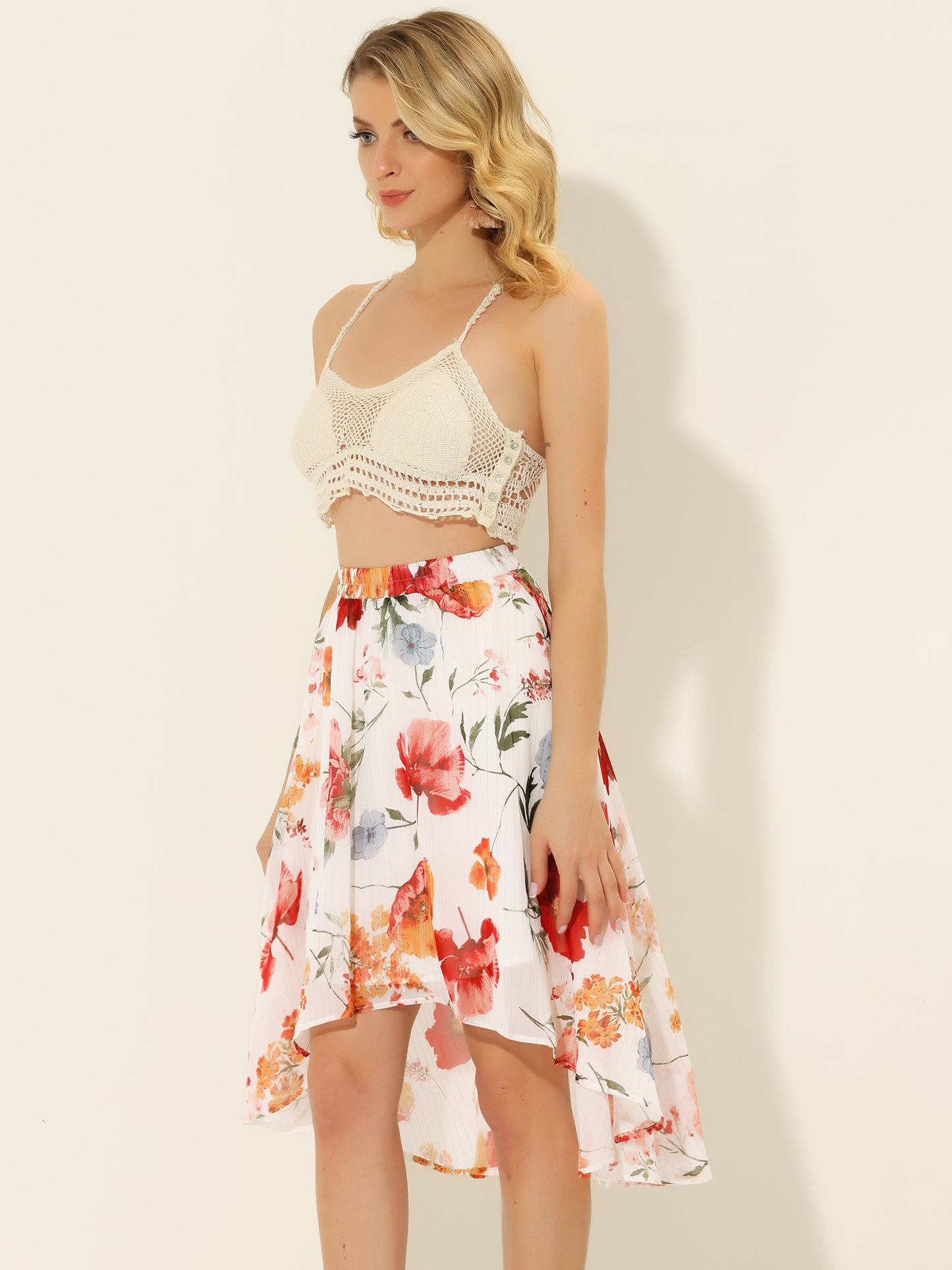 Falda midi floral de gasa de lúrex con cintura elástica y dobladillo alto y bajo para mujer