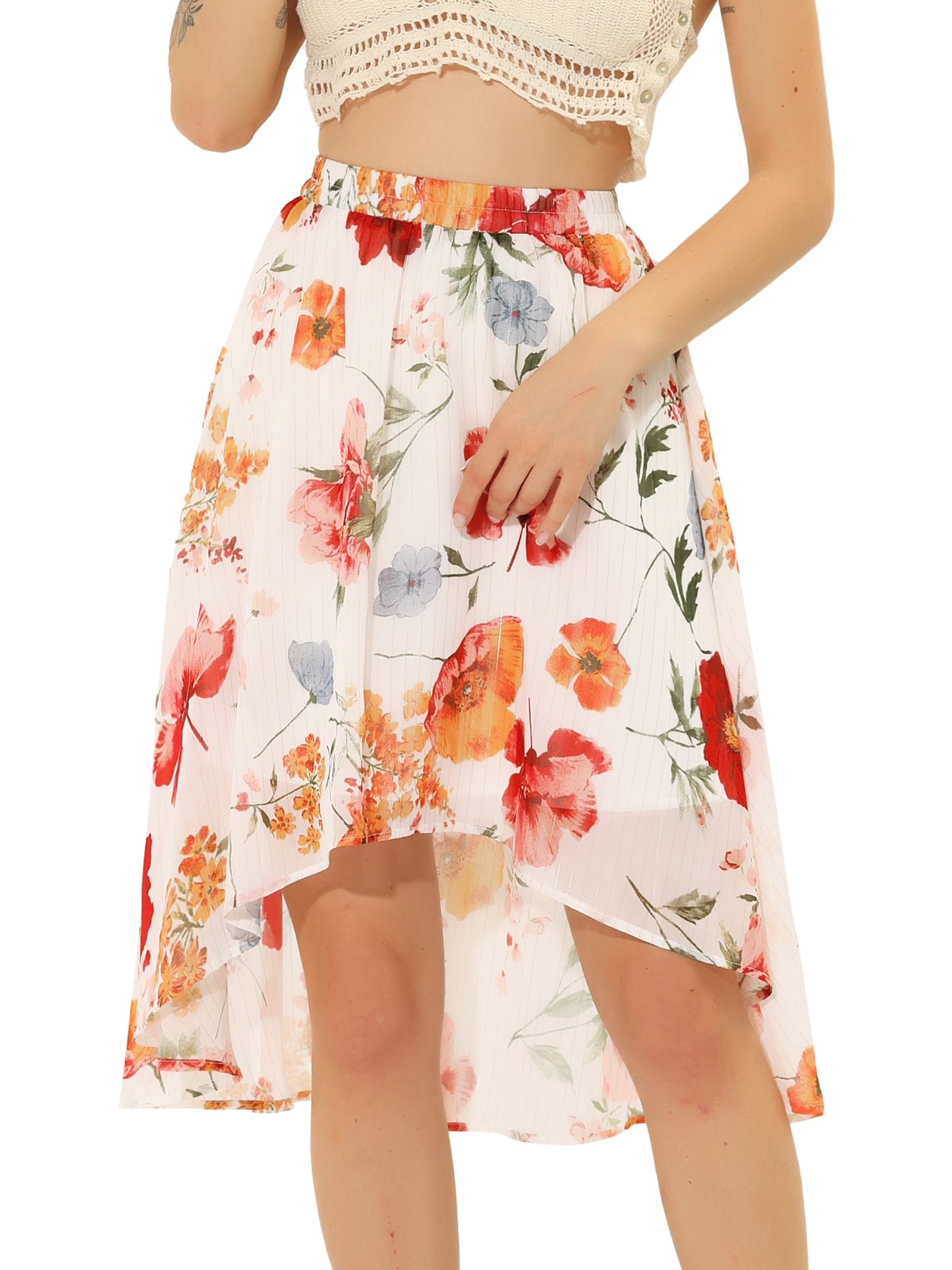Falda midi floral de gasa de lúrex con cintura elástica y dobladillo alto y bajo para mujer