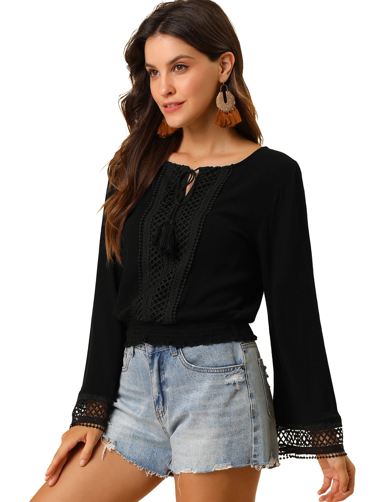 Women's Peasant Top Bell Sleeve Smocked Waist Boho Blouse