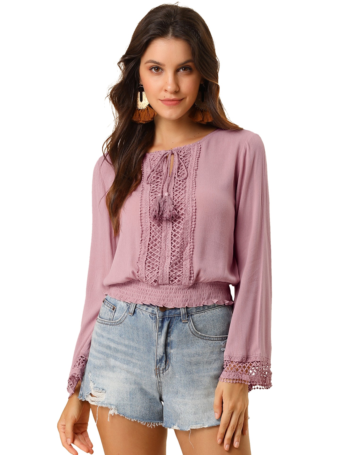 Women's Peasant Top Bell Sleeve Smocked Waist Boho Blouse