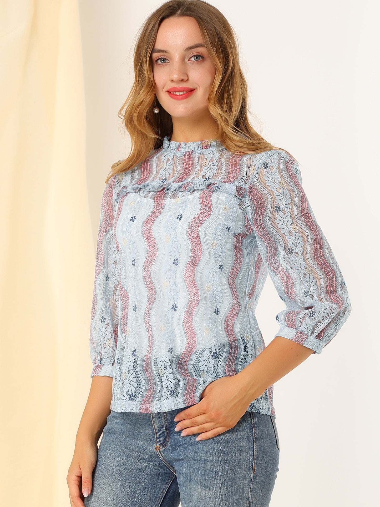 Women's 3/4 Sleeves Ruffle Mock Neck Sheer Lace Top