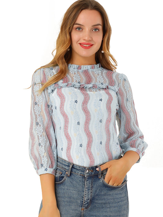 Women's 3/4 Sleeves Ruffle Mock Neck Sheer Lace Top