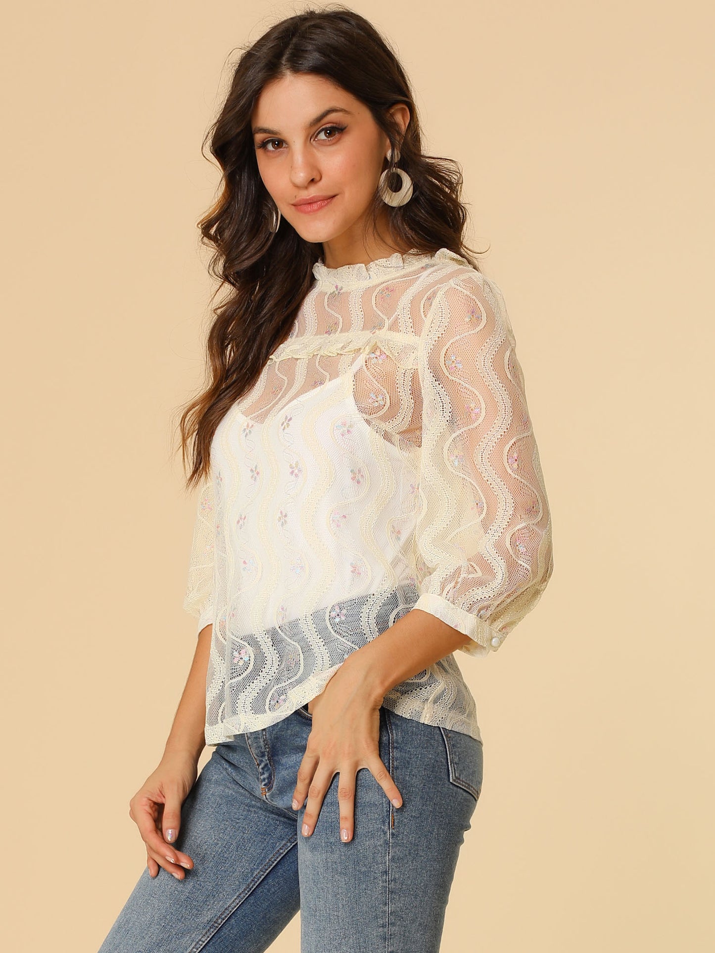 Women's 3/4 Sleeves Ruffle Mock Neck Sheer Lace Top