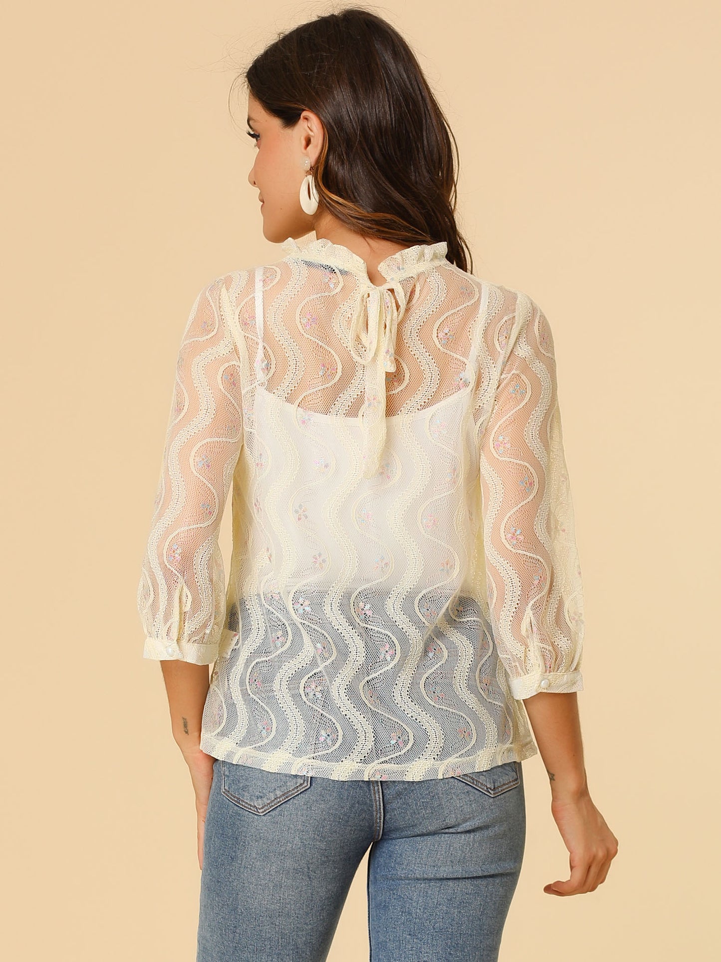 Women's 3/4 Sleeves Ruffle Mock Neck Sheer Lace Top