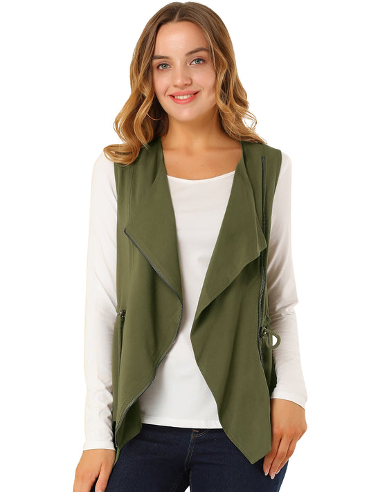 Women's Sleeveless Vest Drawstring Waist Lightweight Zip Up Jacket