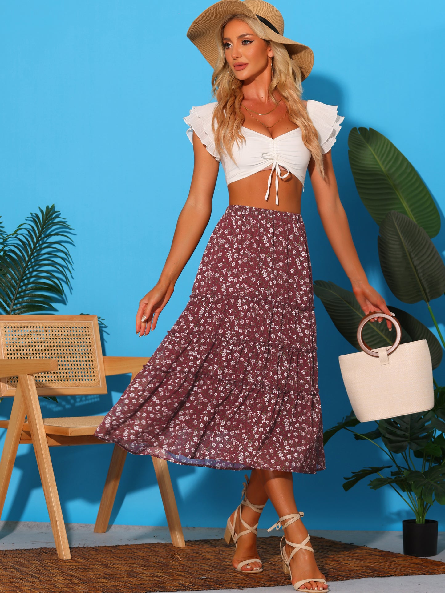Women's Floral Chiffon A-Line Tiered Ruffle Midi Skirt (Available in Plus Size)