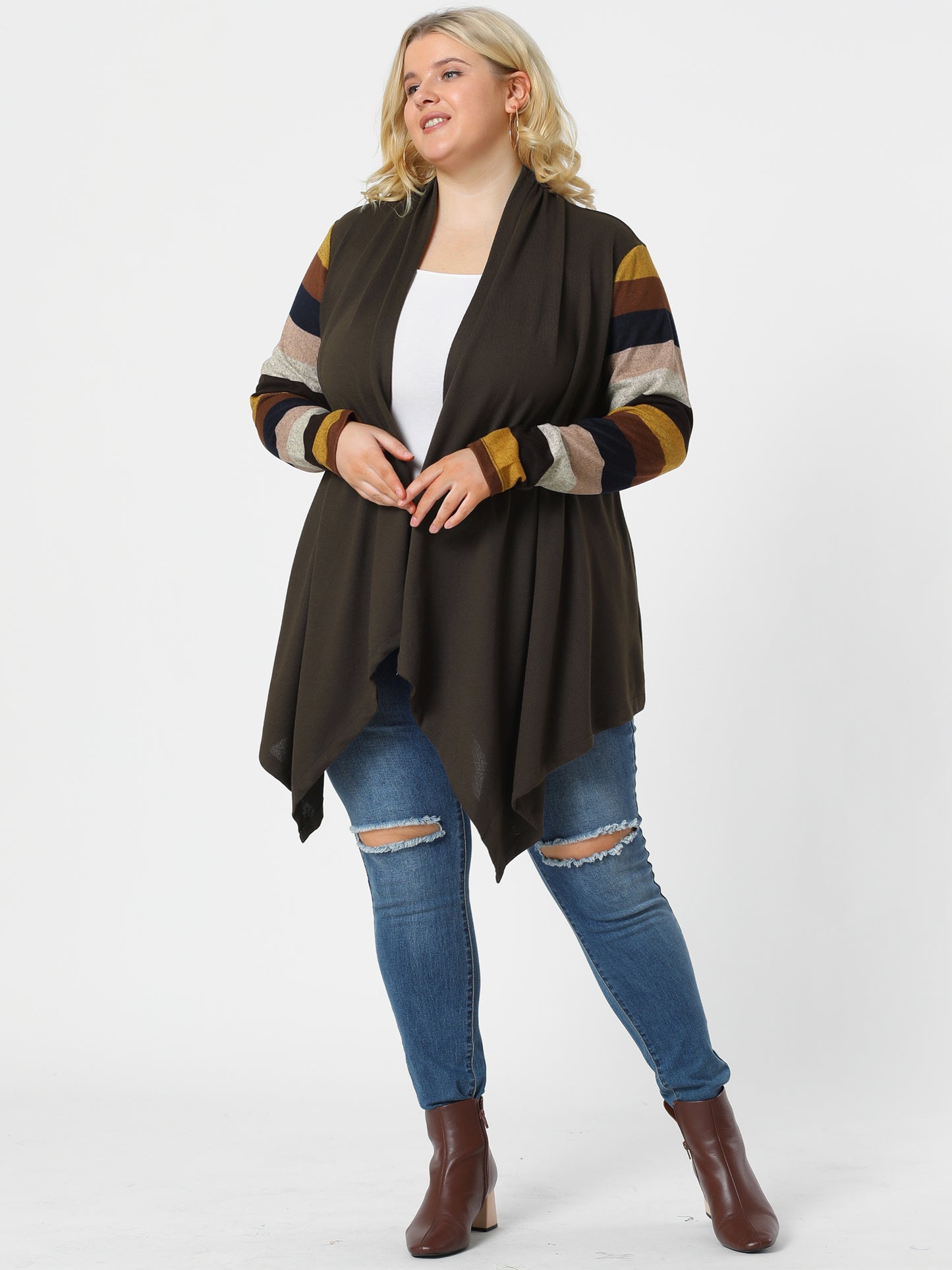Women's Plus Size Cardigan Duster Open Front Long Sleeve Lightweight Stripe Splicing Long Cardigan