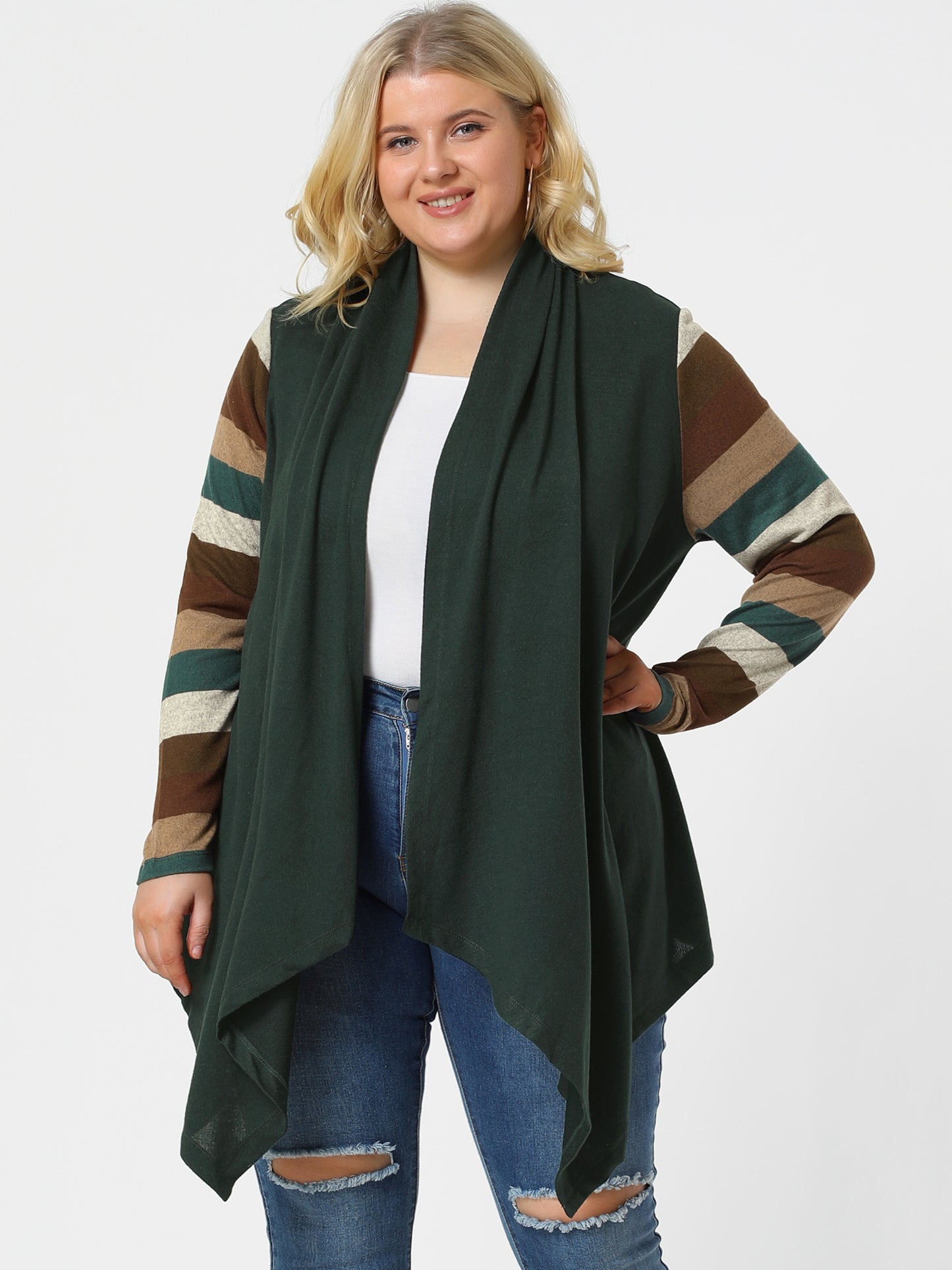 Women's Plus Size Cardigan Duster Open Front Long Sleeve Lightweight Stripe Splicing Long Cardigan