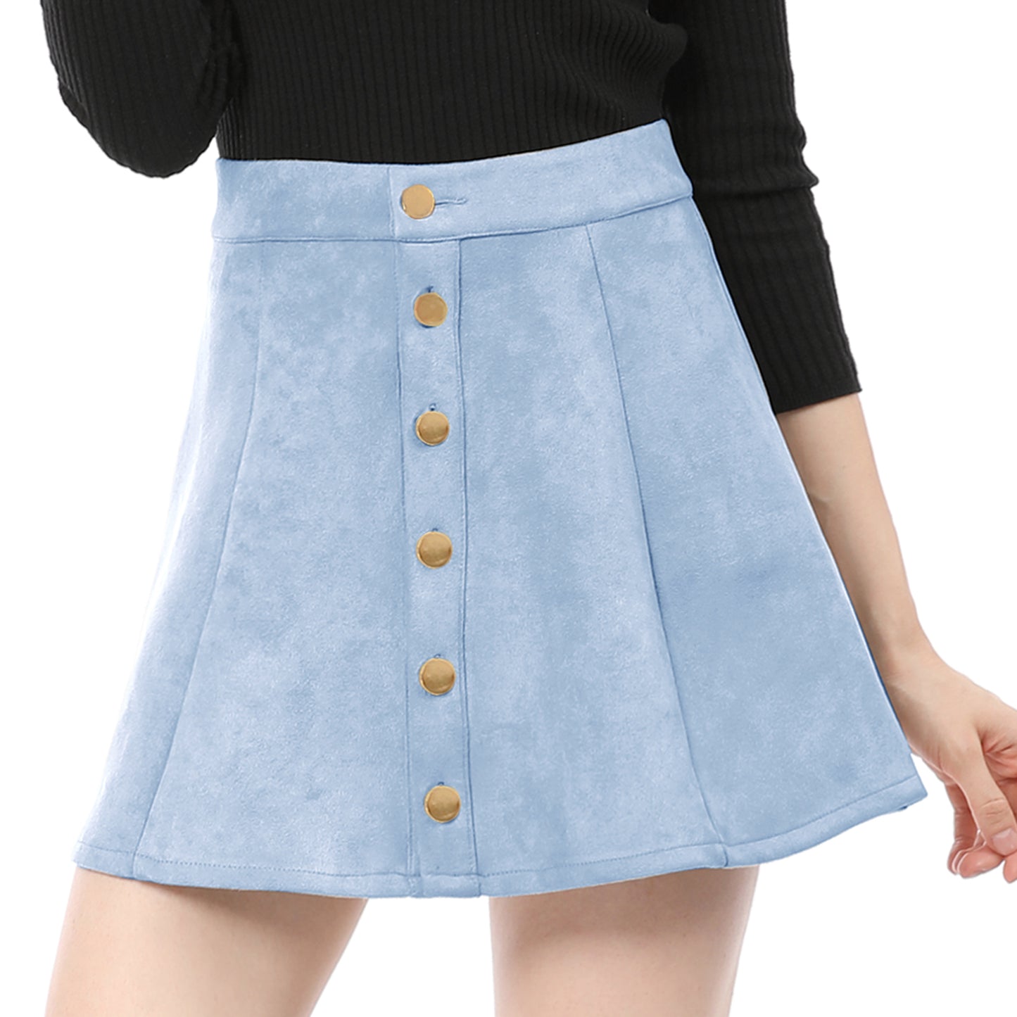 Women's Faux Suede Button A-Line High Waisted Flared Mini Short Skirt